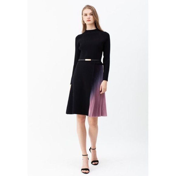 NWT GRADIENT PLEATED SPLICING BELTED KNIT DRESS IN BLACK - Picture 5 of 12